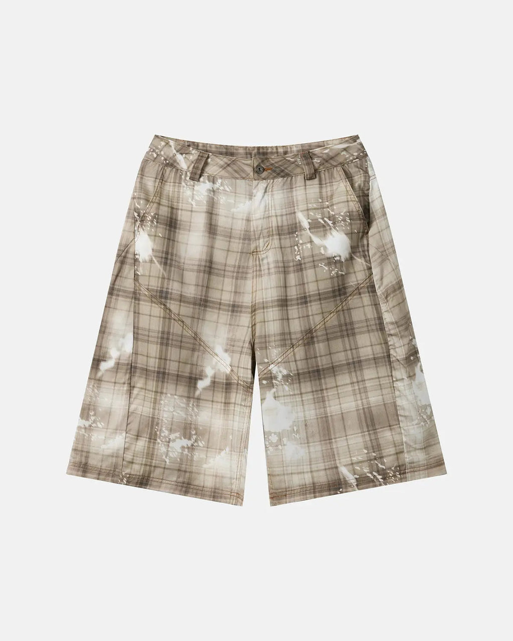 Blue Tencel washed plaid print longline shorts by Flation Streetwear, featuring a relaxed fit and casual style.