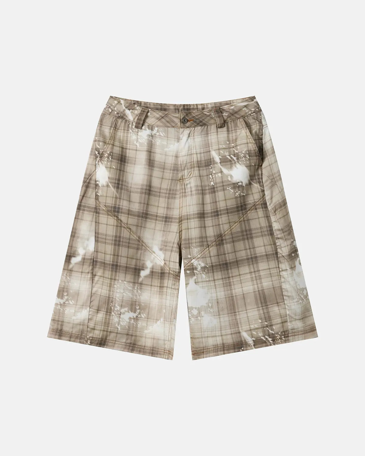 Blue Tencel washed plaid print longline shorts by Flation Streetwear, featuring a relaxed fit and casual style.