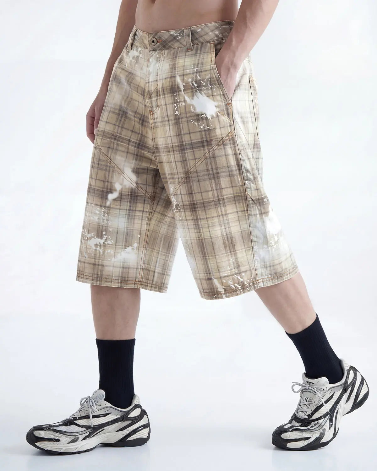 Blue Tencel washed plaid print longline shorts by Flation Streetwear, showcasing relaxed fit and stylish casual pants.