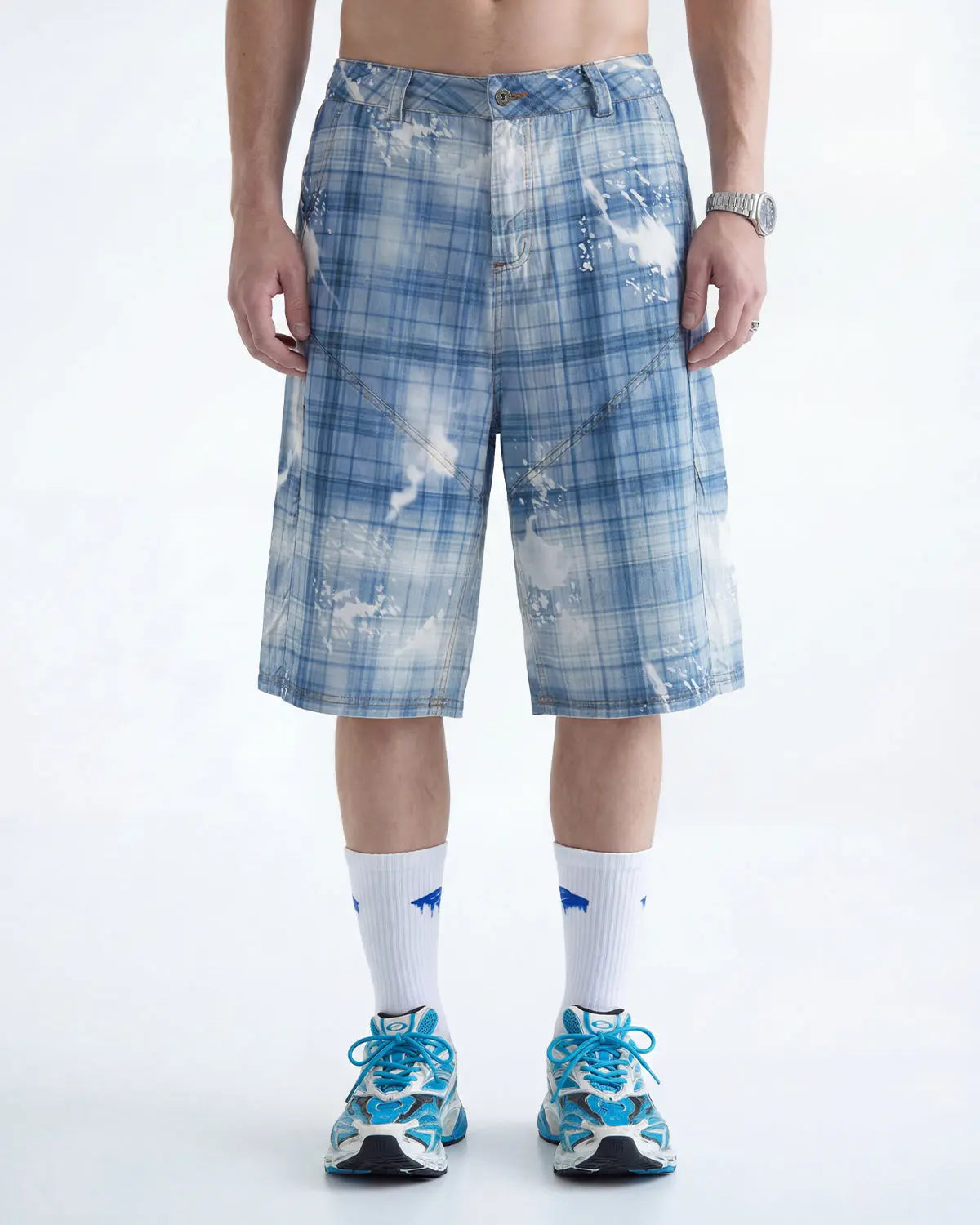 Blue Tencel washed plaid print longline shorts by Flation Streetwear, featuring a relaxed fit and casual style.
