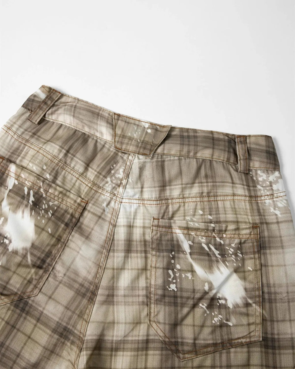 Blue Tencel washed plaid print longline shorts by Flation, casual streetwear pants with a relaxed fit and stylish design.