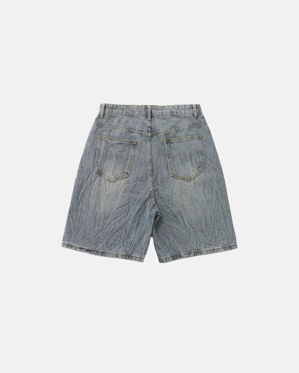 Blue textured washed longline jorts by Flation Streetwear, showing the denim pants with a relaxed fit and casual style.