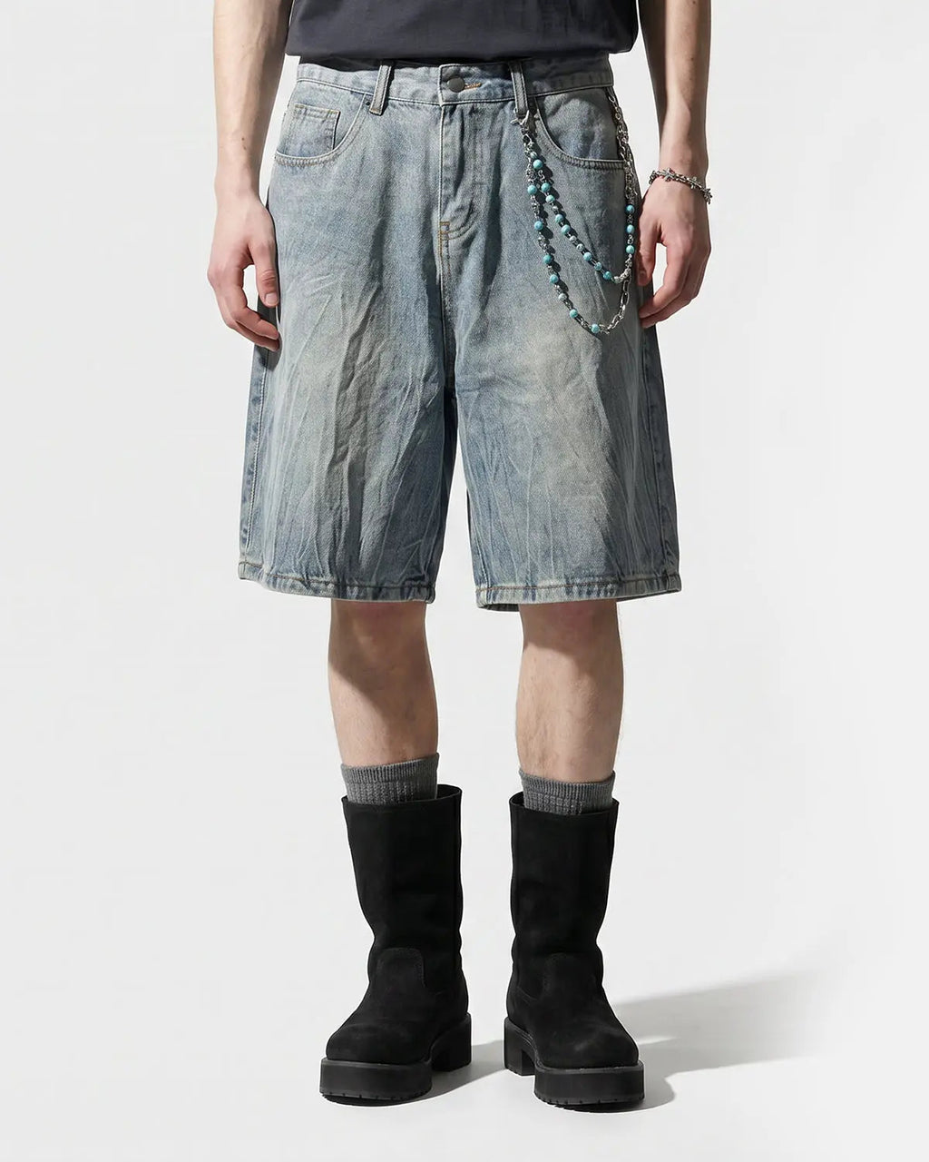 Blue textured washed longline jorts by Flation Streetwear, stylish casual pants with a relaxed fit and distressed detailing.