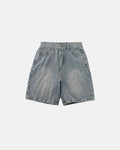 Blue textured washed longline jorts by Flation Streetwear, showcasing distressed denim pants with a relaxed fit.