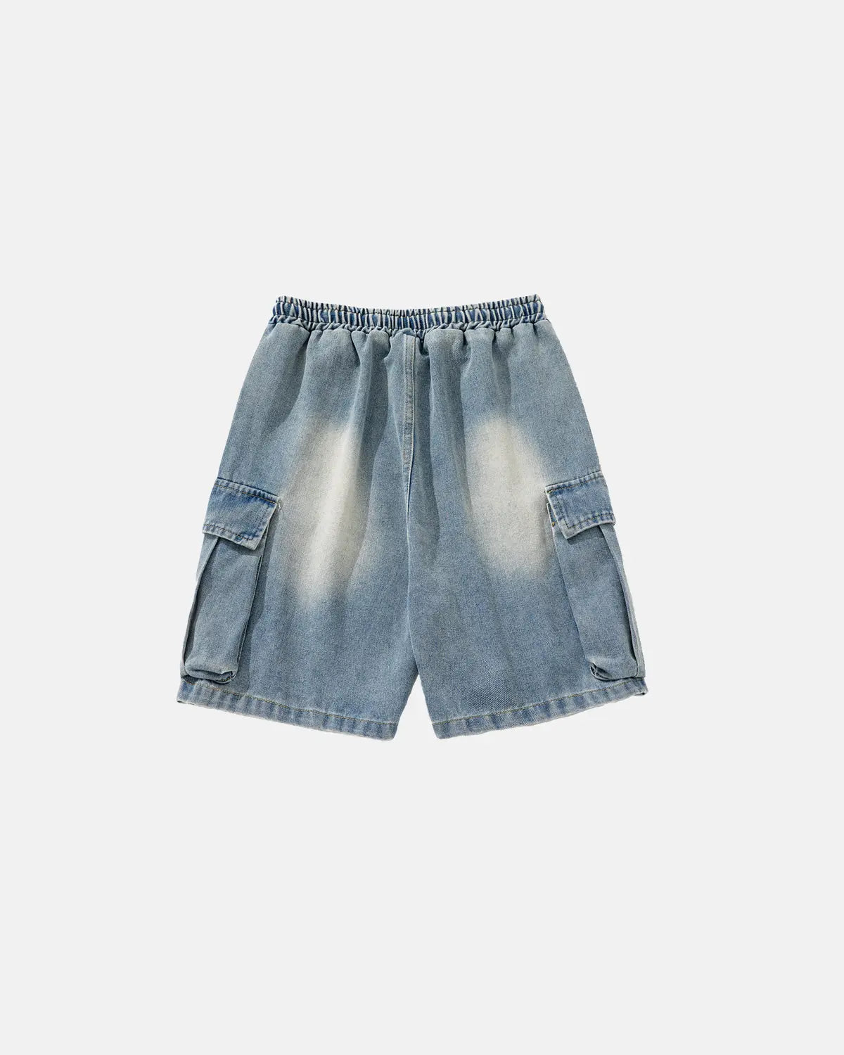 Blue washed denim cargo shorts with drawstring waistband by Flation Streetwear, featuring multiple cargo pockets and casual style.
