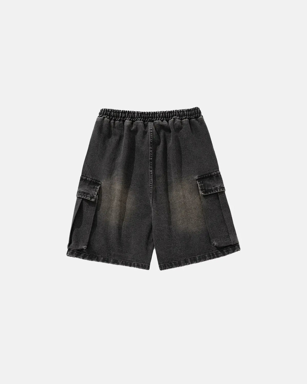 Blue washed denim cargo shorts with drawstring waist by Flation Streetwear, casual pants with multiple pockets and relaxed fit.