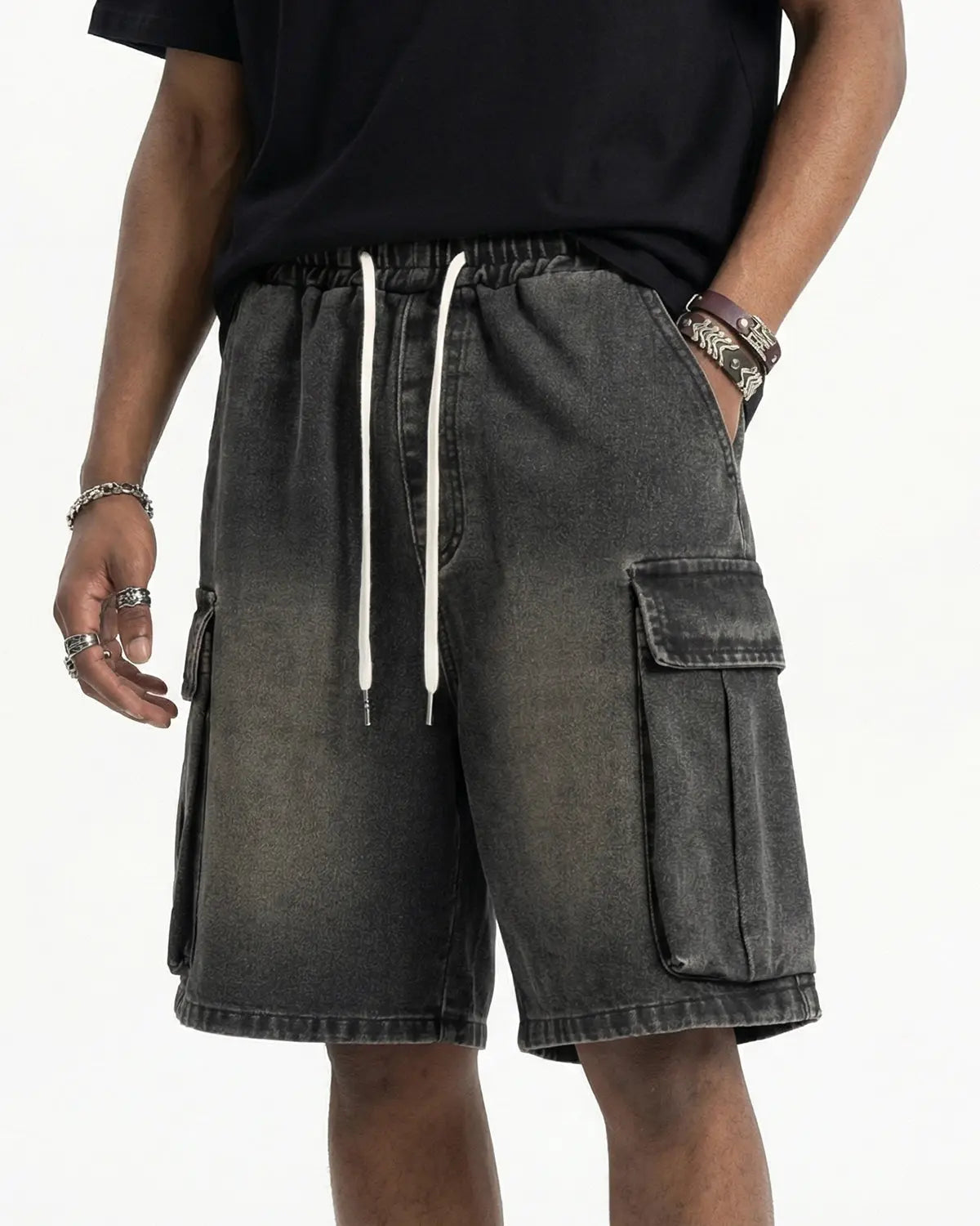 Blue washed denim cargo shorts with drawstring waist from Flation Streetwear, casual men's pants with multiple pockets.