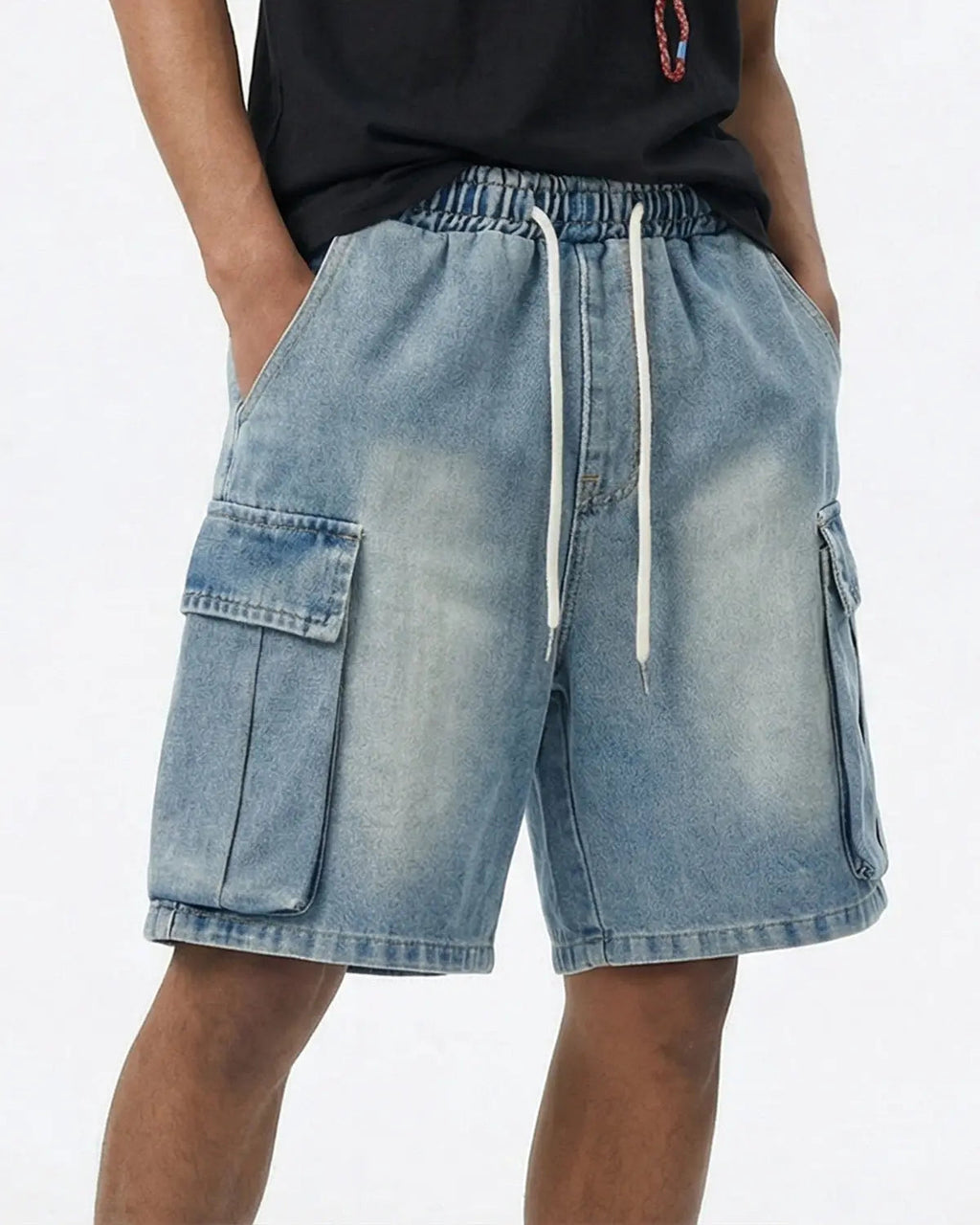 Blue washed denim cargo shorts with drawstring from Flation Streetwear, featuring multiple pockets and a relaxed fit.