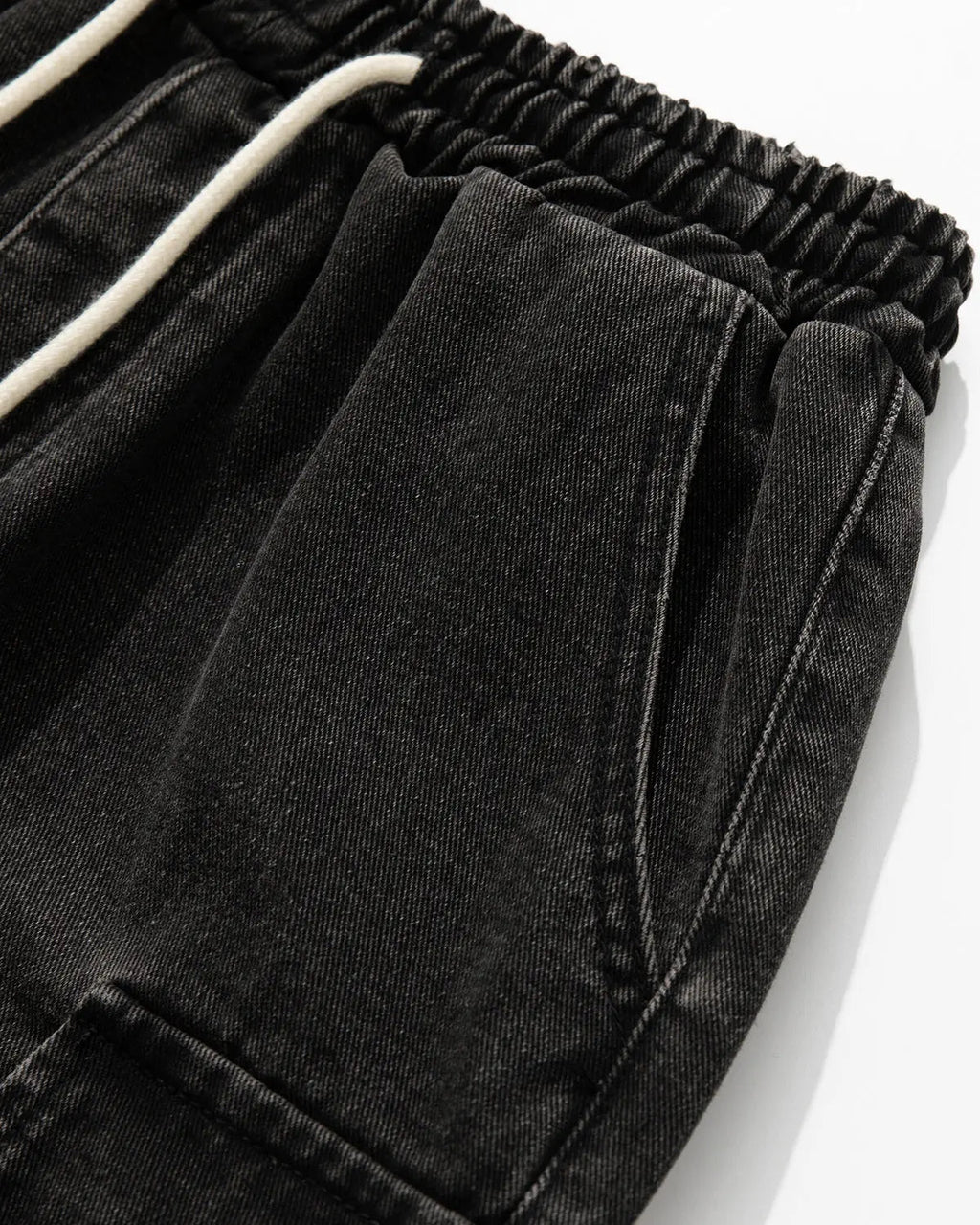 Blue washed denim cargo shorts with drawstring from Flation Streetwear, featuring a relaxed fit and multiple cargo pockets.