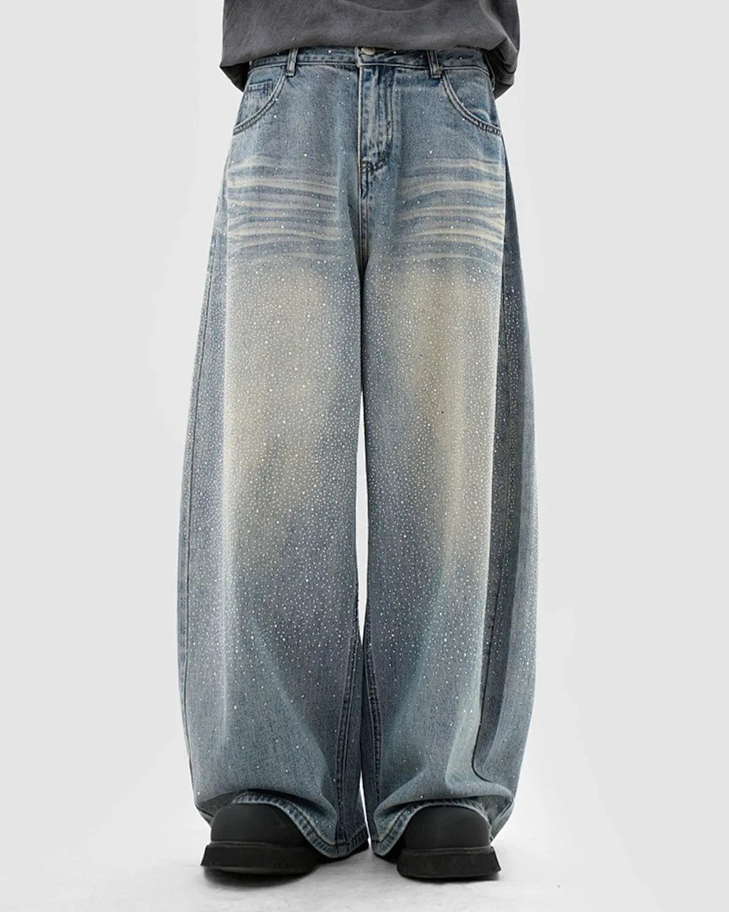 Rhinestone washed barrel baggy jeans by Flation Streetwear featuring a relaxed fit and stylish distressed denim look.