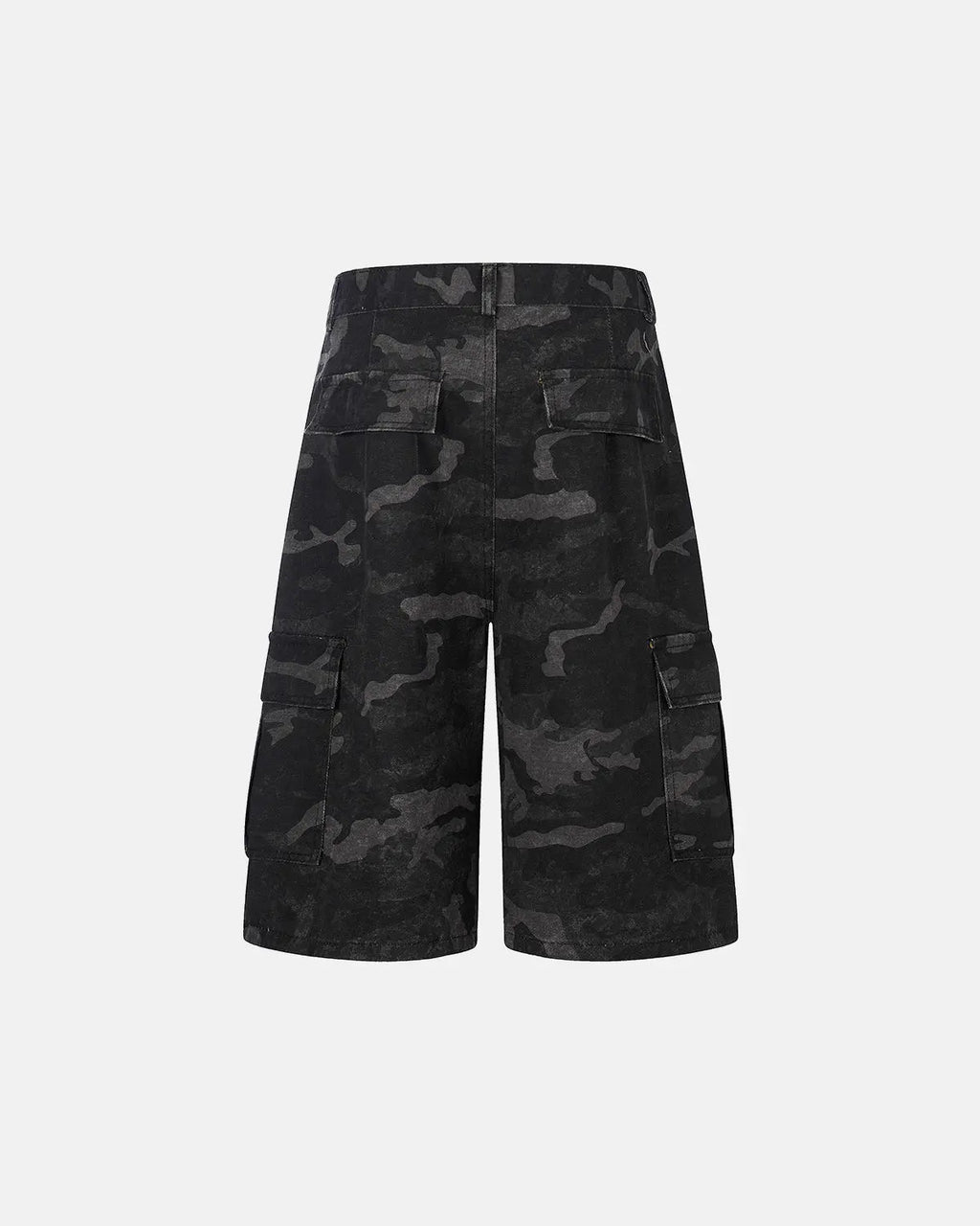 Dark camo cargo shorts by Flation Streetwear, featuring multiple pockets and a relaxed fit, shown on a hanger.
