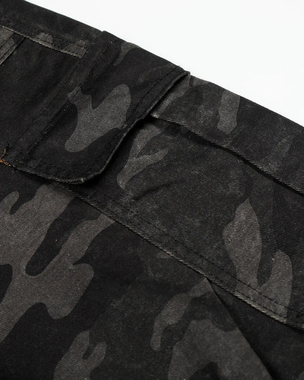 Dark camo cargo shorts from Flation Streetwear, casual pants featuring multiple pockets and a relaxed fit.