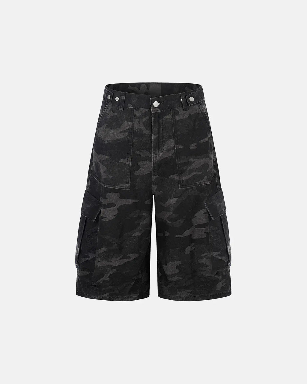 Dark camo cargo shorts by Flation Streetwear, men's casual pants with multiple pockets and rugged military-inspired style.