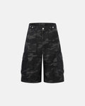 Dark camo cargo shorts by Flation Streetwear, men's casual pants with multiple pockets and rugged military-inspired style.