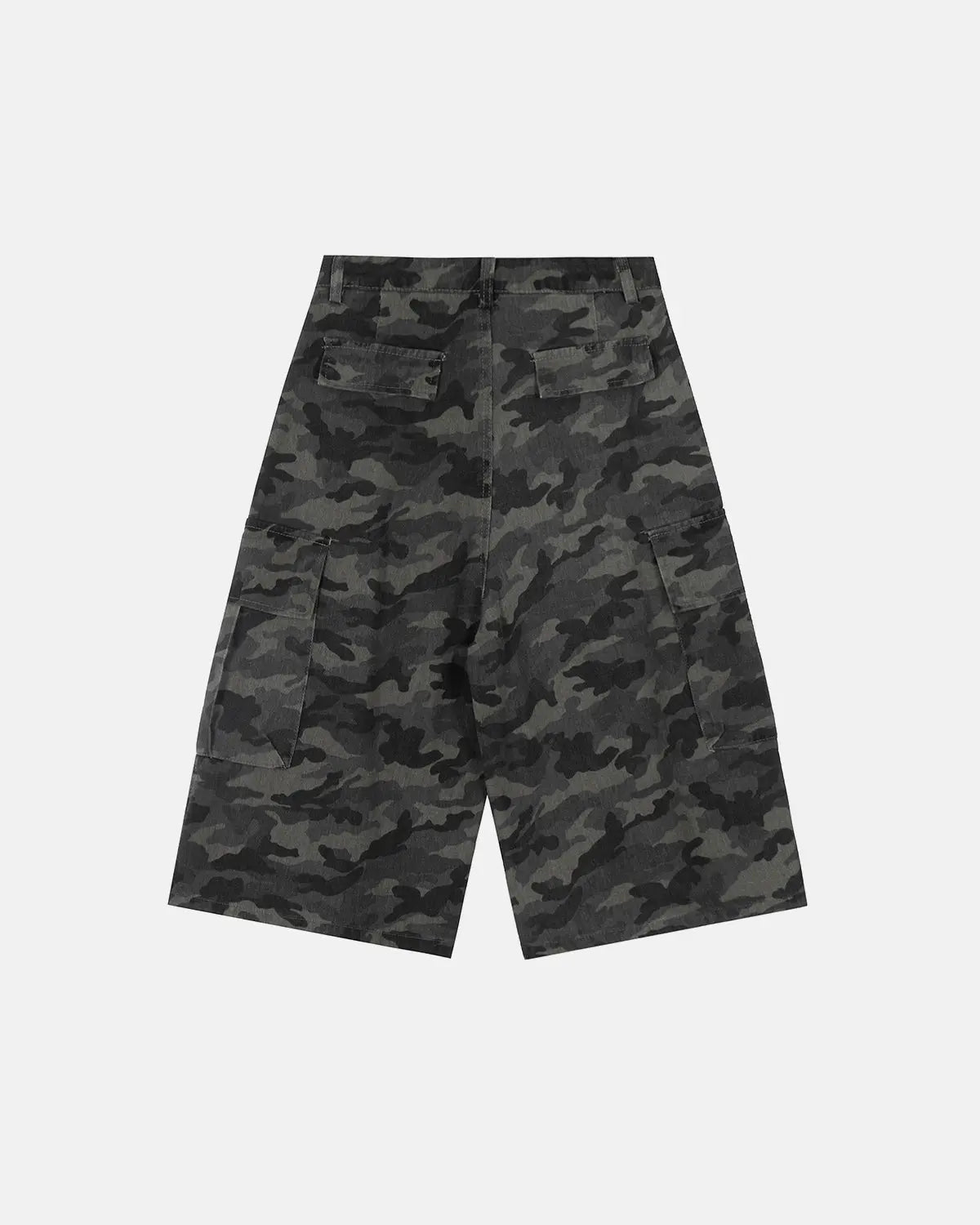 Embroidered camo cargo shorts by Flation Streetwear, featuring rugged design and detailed embroidery on durable pants.