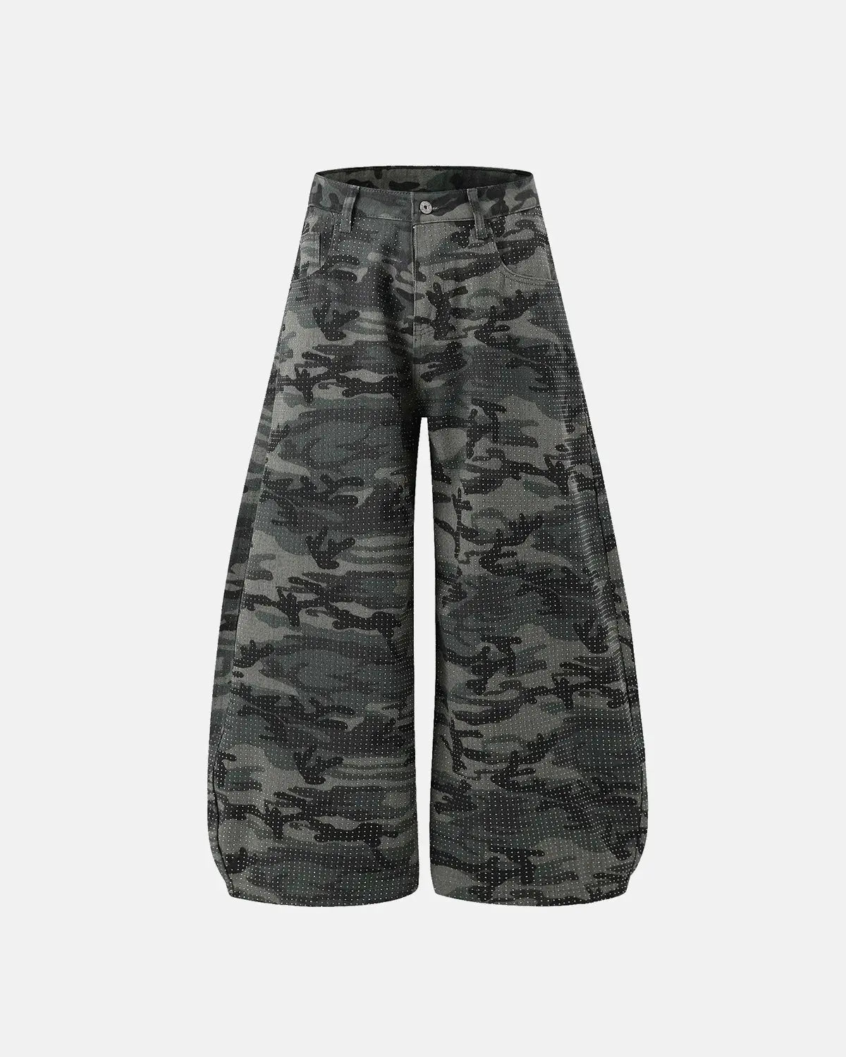 Inflation Rhinestone Camo Barrel Pants with sparkling rhinestones and camouflage pattern, stylish streetwear pants for a bold look.