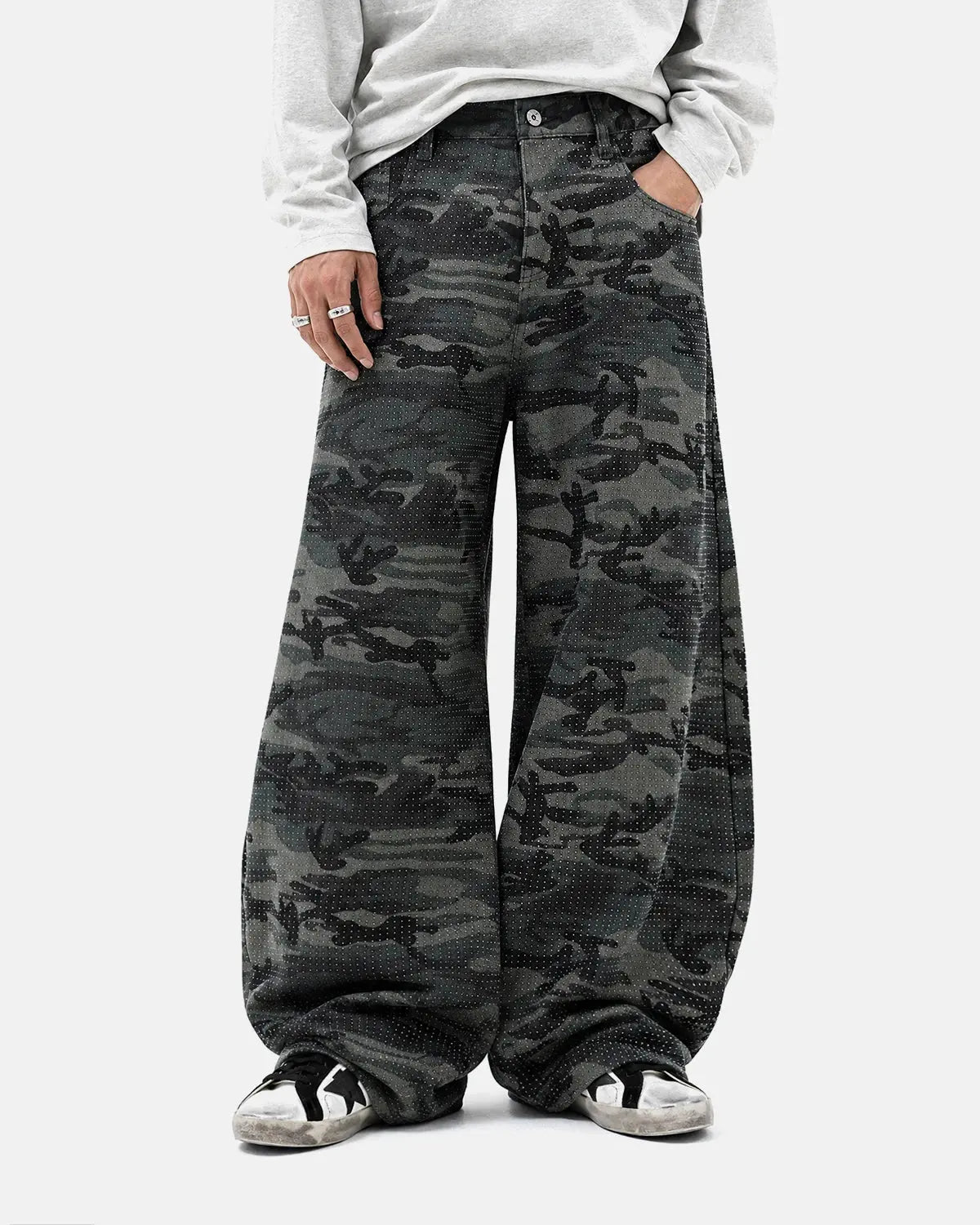 Rhinestone camo barrel pants by INFLATION, featuring a stylish streetwear design with rhinestone embellishments and a relaxed fit.