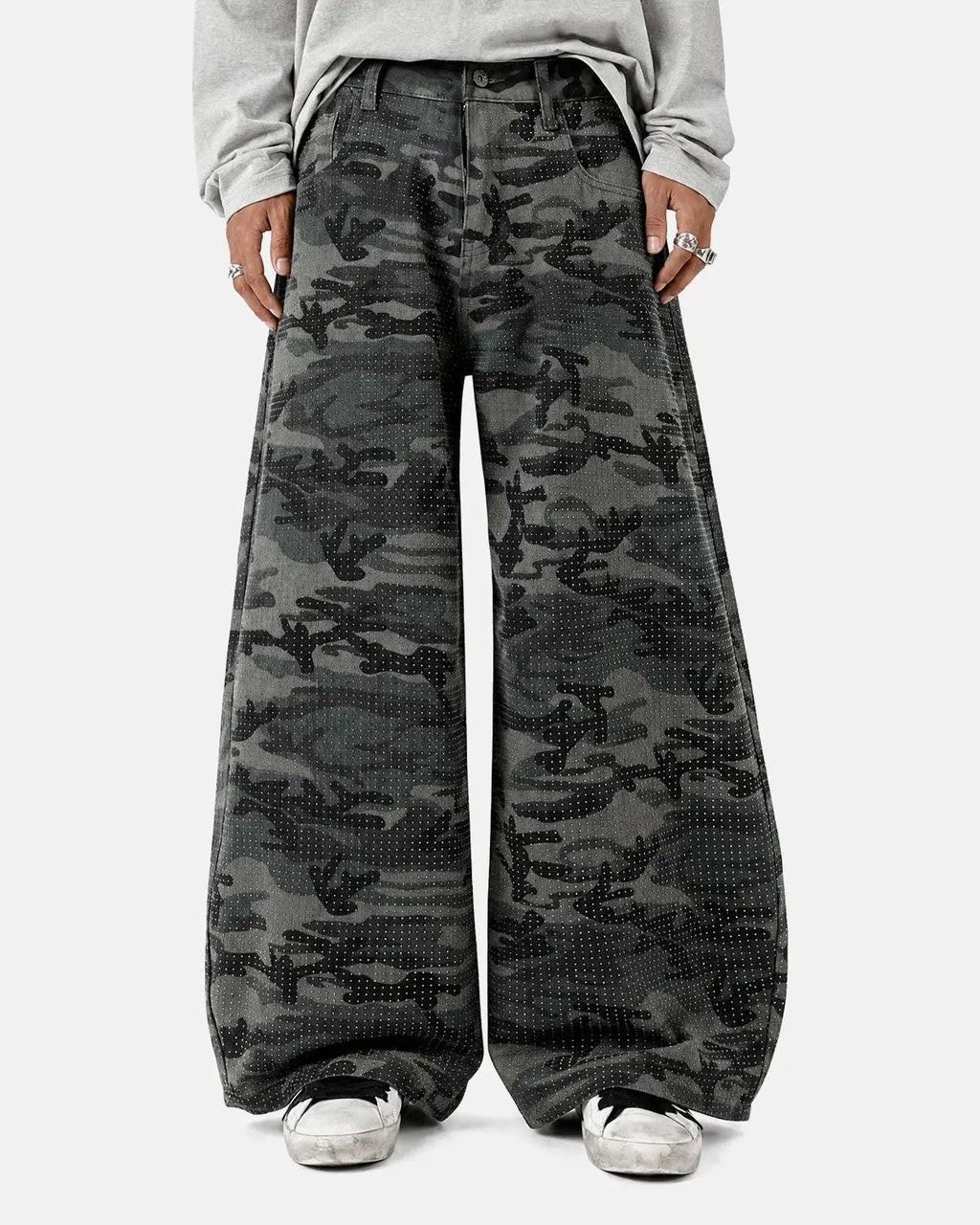 Inflation Streetwear rhinestone camo barrel pants featuring shiny rhinestones and a relaxed fit, showcased on a model.