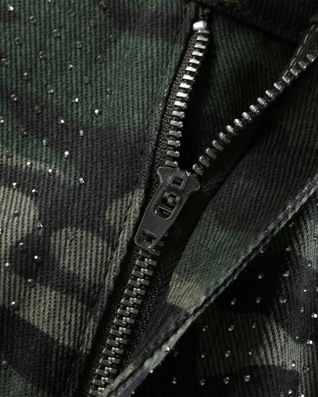 Inflation brand rhinestone camo barrel pants with glittering rhinestones and camouflage pattern, stylish streetwear fashion.