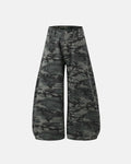 Inflation Streetwear rhinestone camo barrel pants with glittering rhinestones and bold camouflage pattern, casual streetwear style.