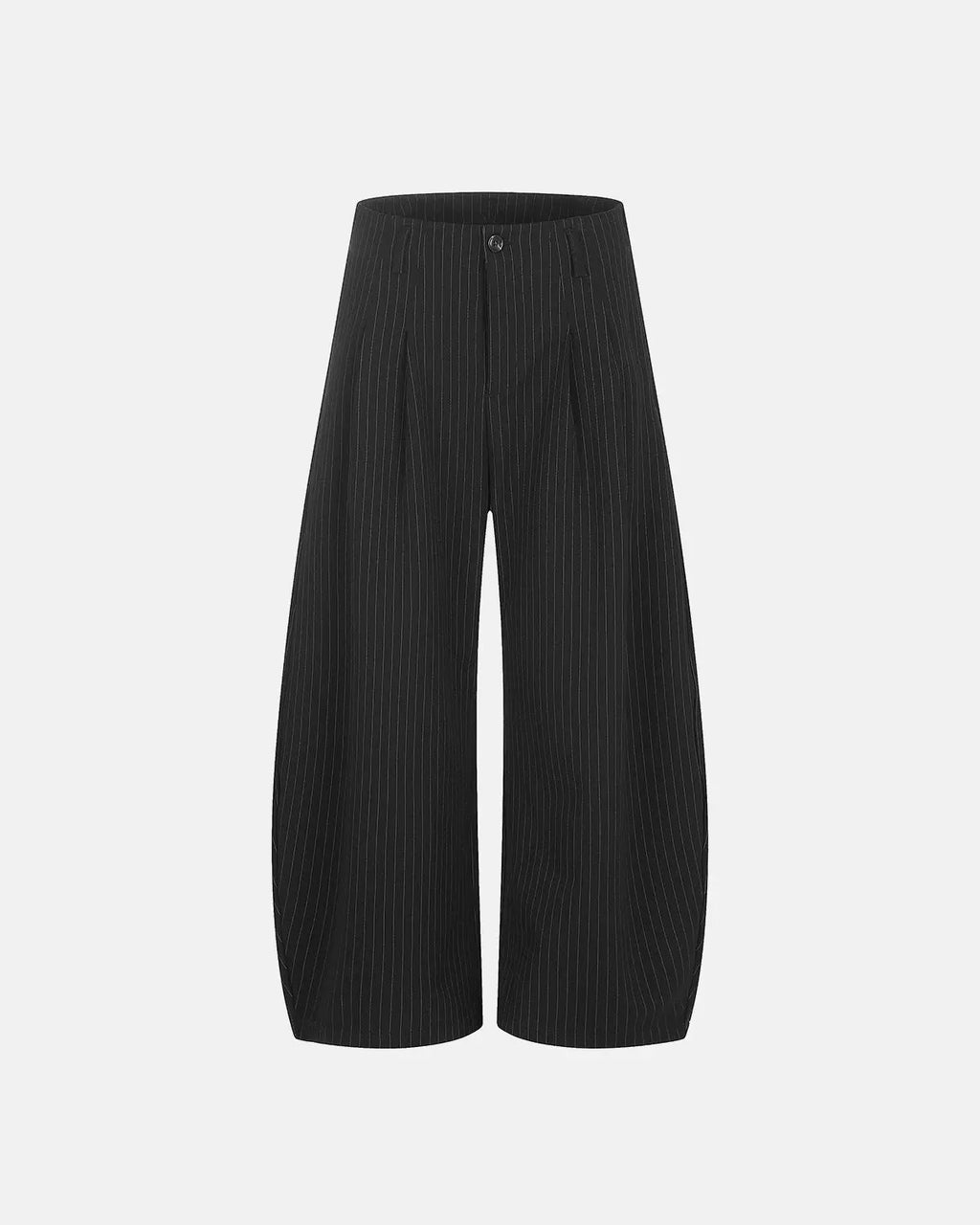 Flation pinstripe pleated barrel pants showing tailored fit and stylish design with pleats and pinstripes for streetwear fashion.