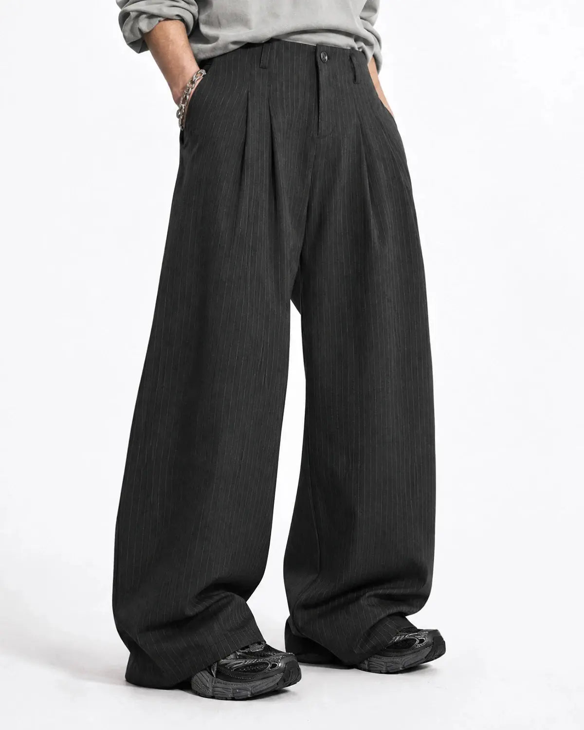 Flation Pinstripe Pleated Barrel Pants showing tailored fit and pleated design in a stylish streetwear style.