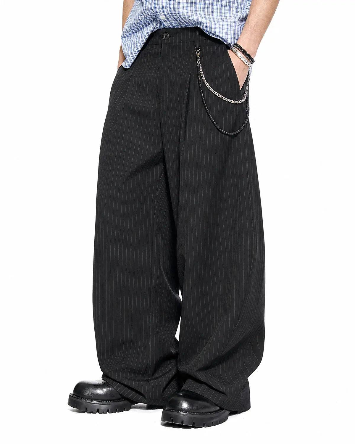Flation pinstripe pleated barrel pants with tailored fit, featuring a stylish high waist and pleated front design.