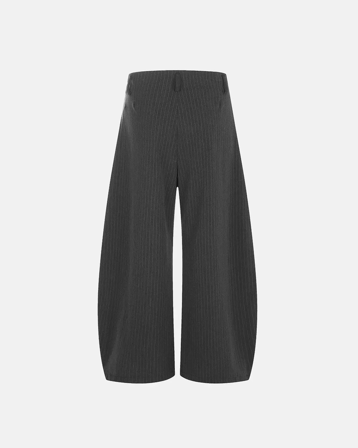 Flation pinstripe pleated barrel pants with tailored fit, featuring a high waist and relaxed leg silhouette, styled for streetwear.