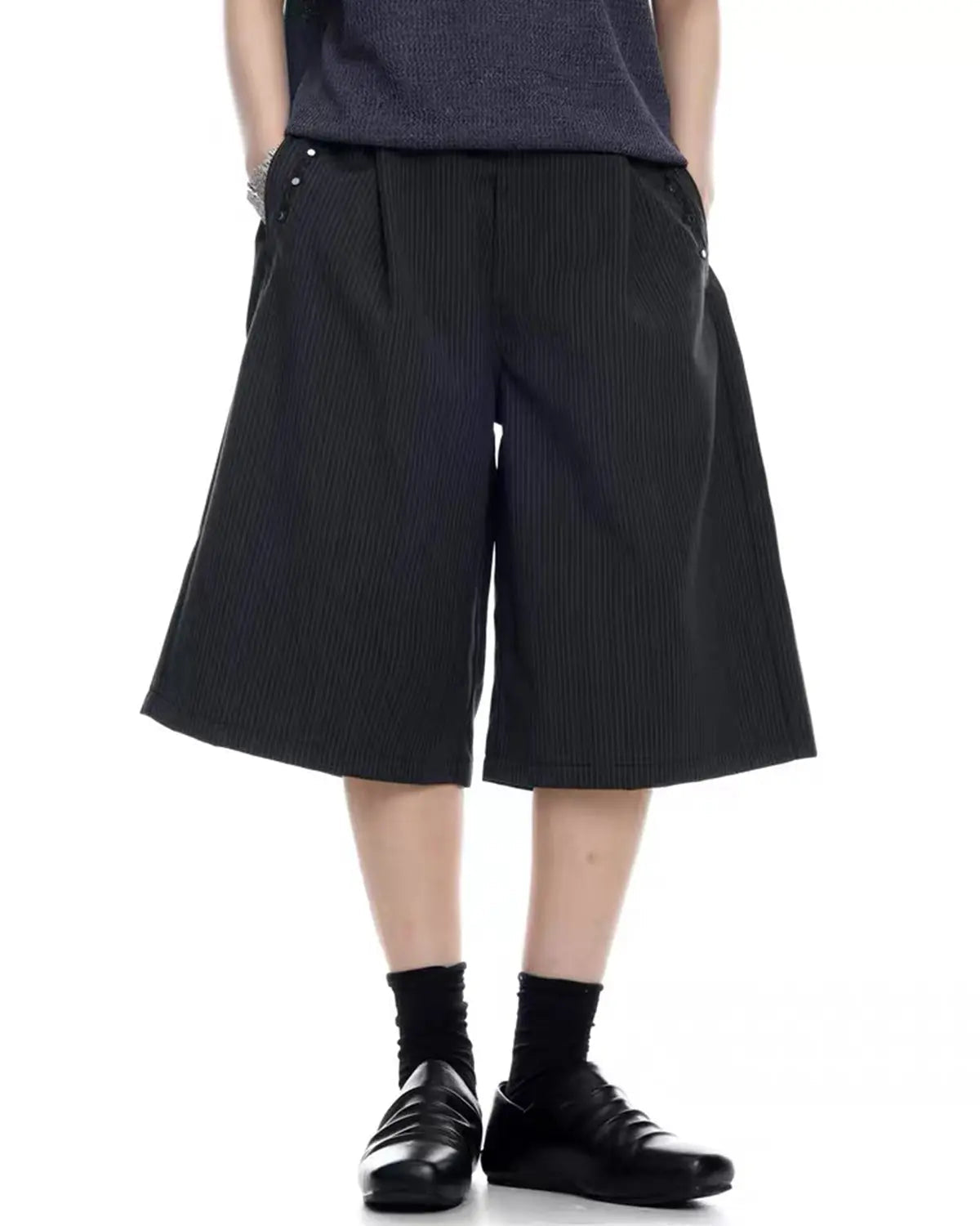 Flation Pinstripe Stud Detail Tailored Shorts, stylish men's pants with pinstripes and stud accents, perfect for streetwear fashion.