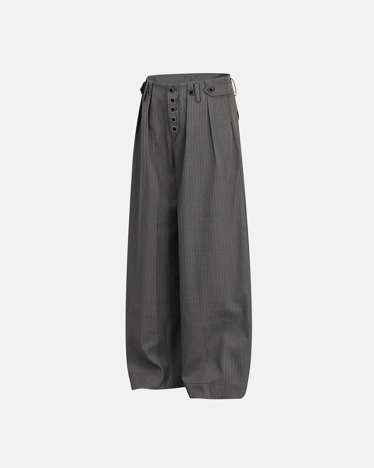 Flation Pinstripe Buttons Barrel Suit Pants showing tailored fit, pinstripe pattern, and button details on the front.