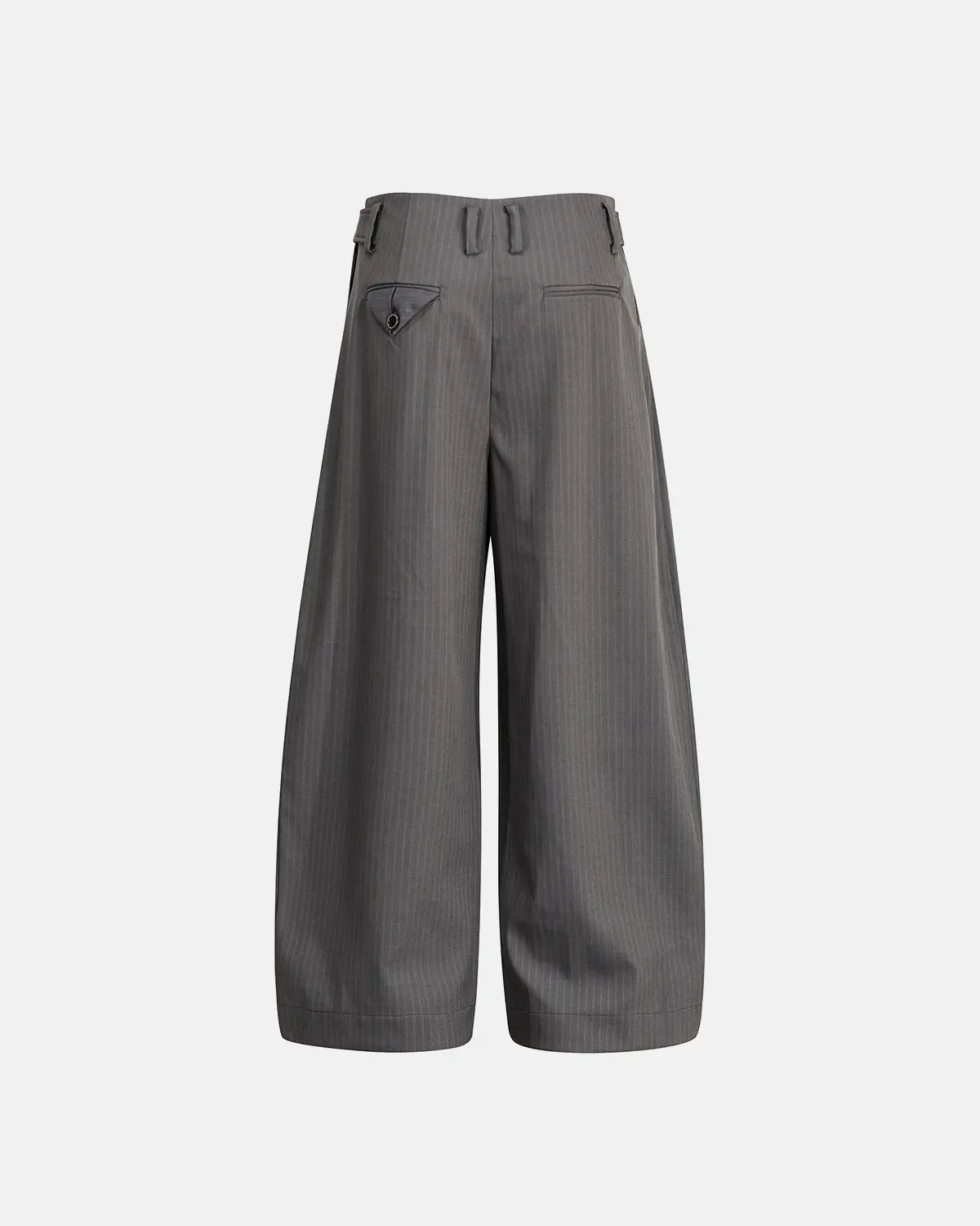 Flation pinstripe barrel suit pants featuring classic pinstripes and button details, tailored for stylish streetwear.