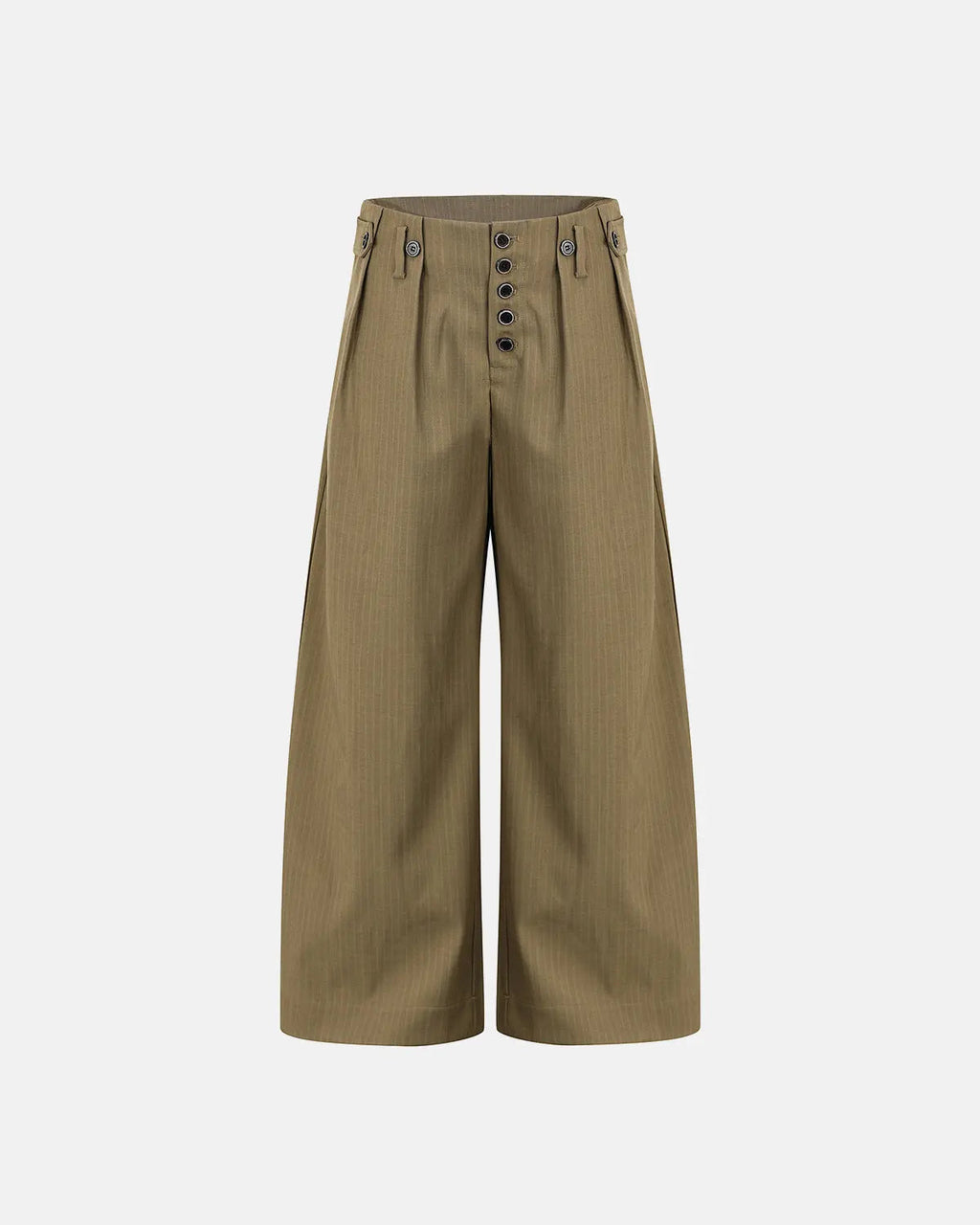 Flation Pinstripe Buttons Barrel Suit Pants with front pockets, tailored fit, and button details, styled for streetwear fashion.