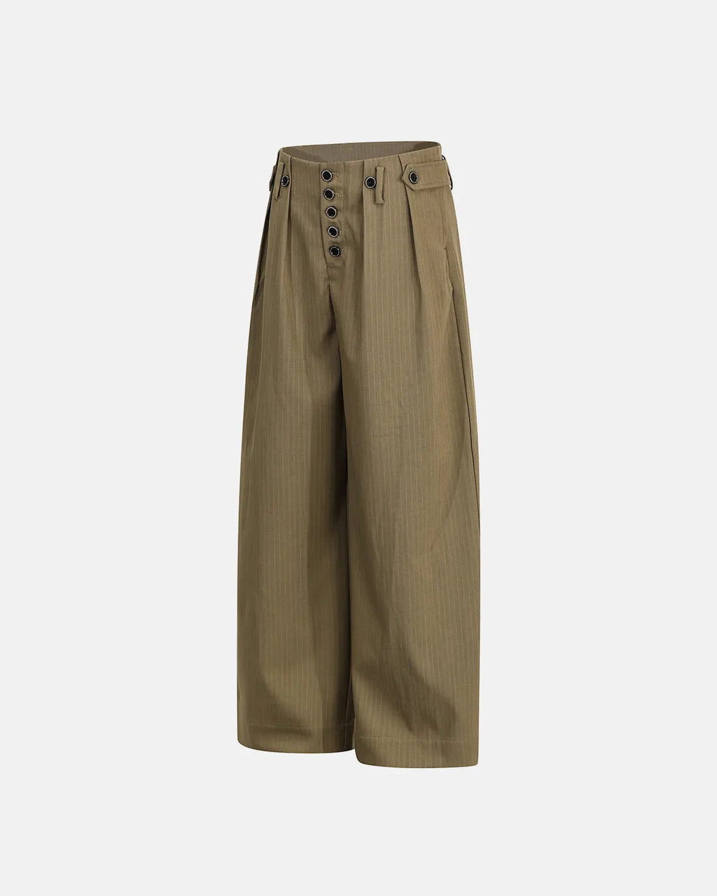 Flation Pinstripe Buttons Barrel Suit Pants featuring classic pinstripe pattern and button details, tailored for stylish streetwear.