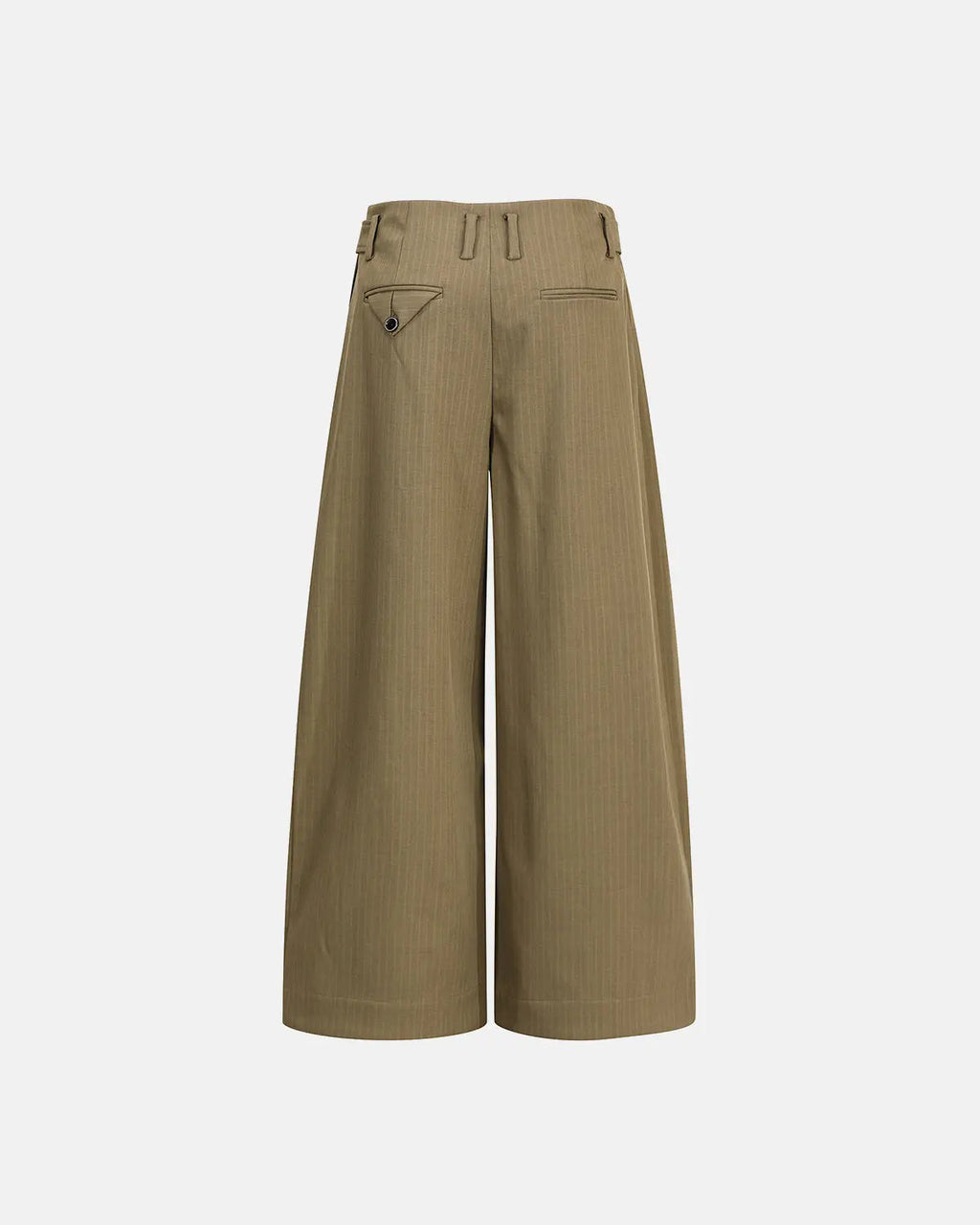 Flation streetwear pinstripe button barrel suit pants shown with tailored fit and classic pinstripe pattern on fabric.