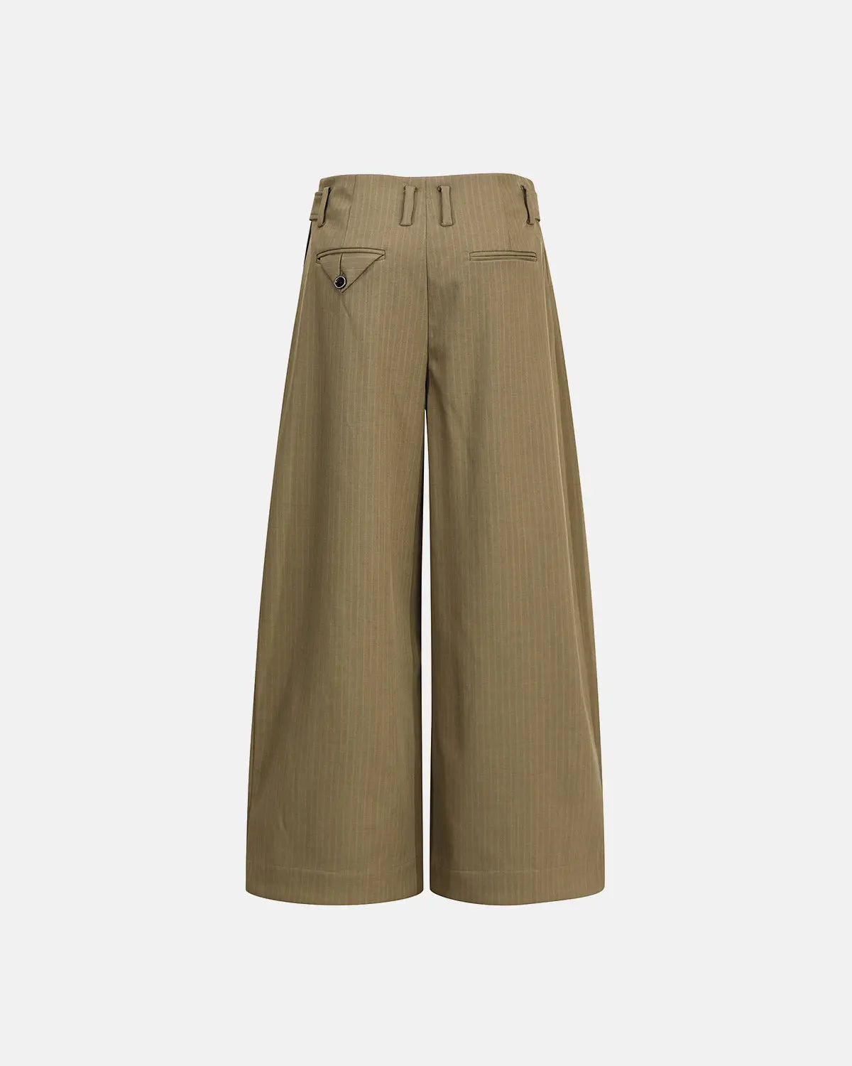 Flation streetwear pinstripe button barrel suit pants shown with tailored fit and classic pinstripe pattern on fabric.