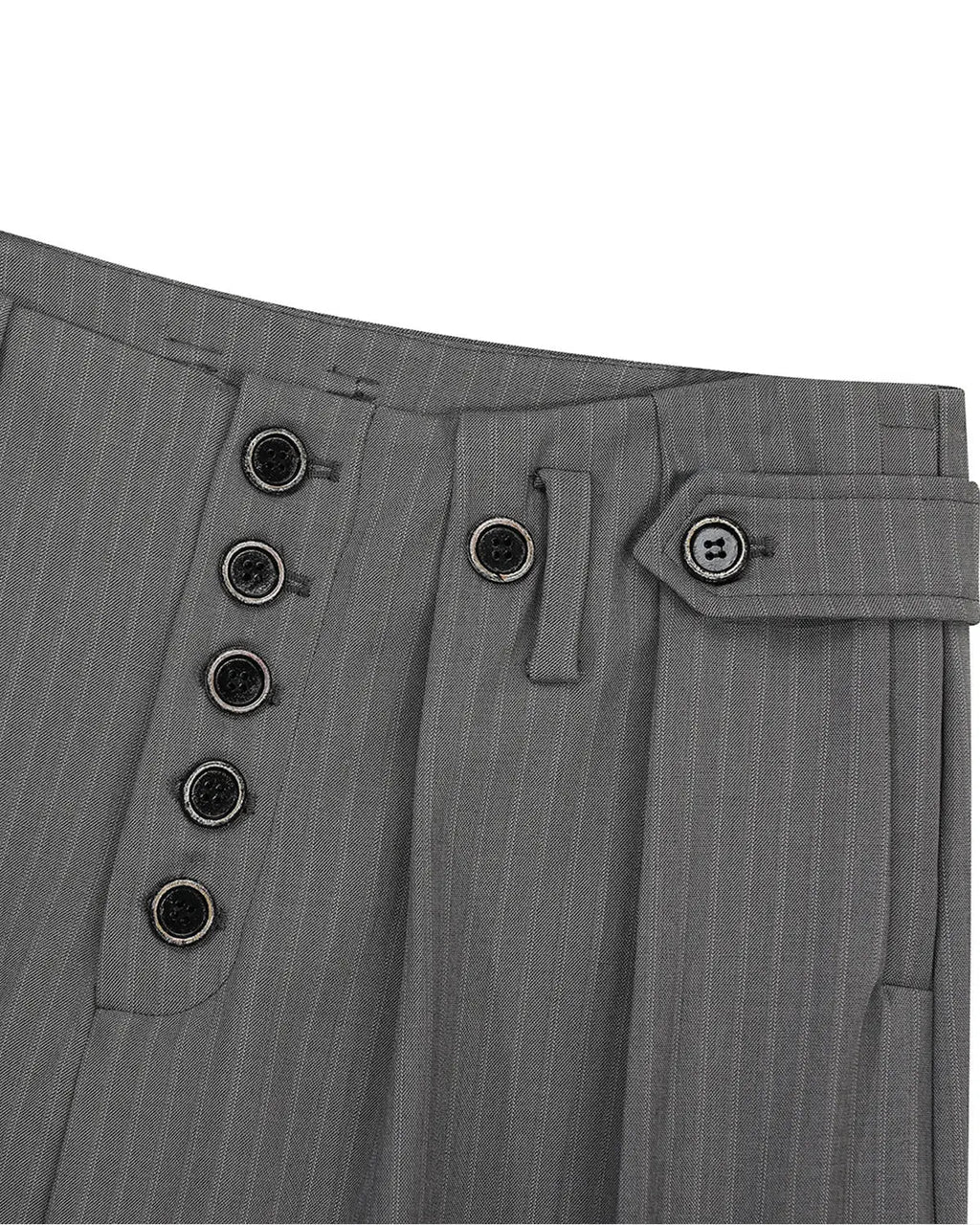 Flation Pinstripe Buttons Barrel Suit Pants showing tailored fit, black pinstripe pattern, and button details on the front.