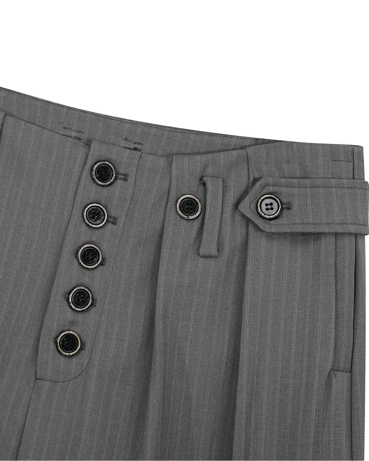 Flation Pinstripe Buttons Barrel Suit Pants showing tailored fit, black pinstripe pattern, and button details on the front.
