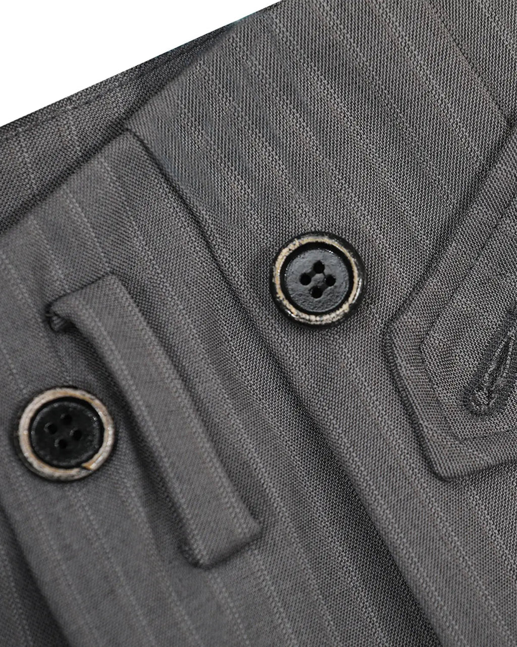 Pinstripe Flation Streetwear barrel suit pants with button details, featuring a tailored fit and classic pinstripe pattern.