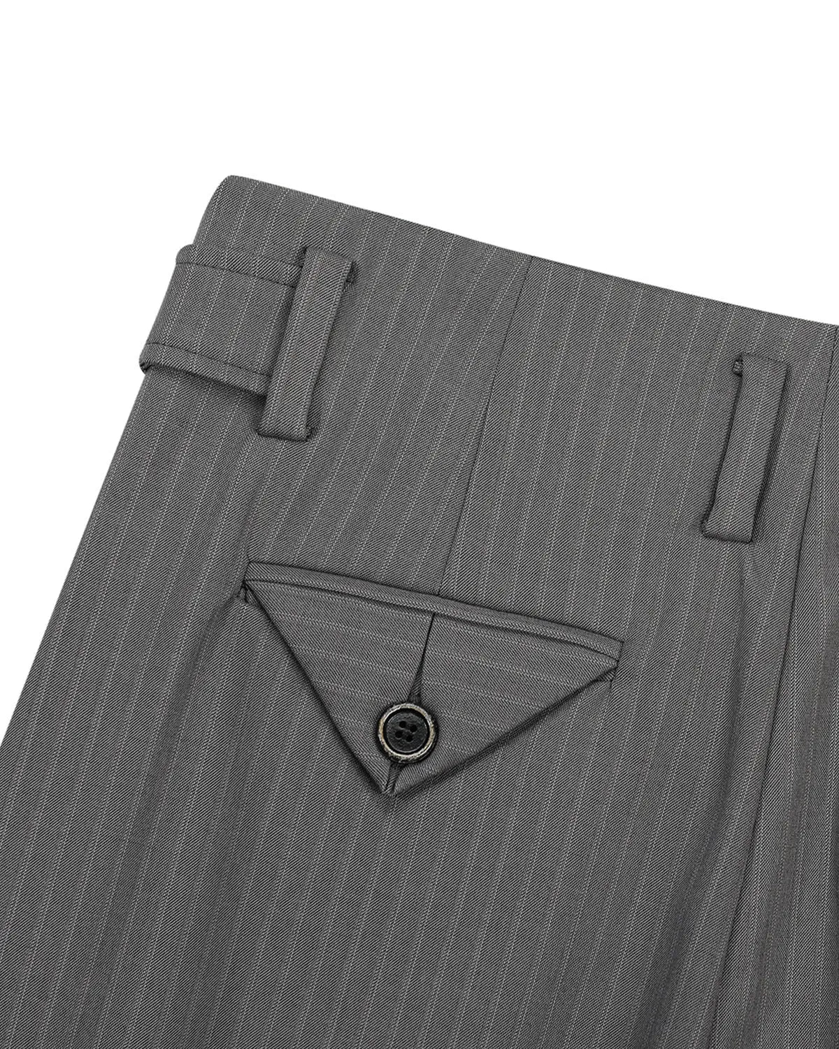 Flation Pinstripe Buttons Barrel Suit Pants showing tailored fit, pinstripe pattern, and button details on the waistband.