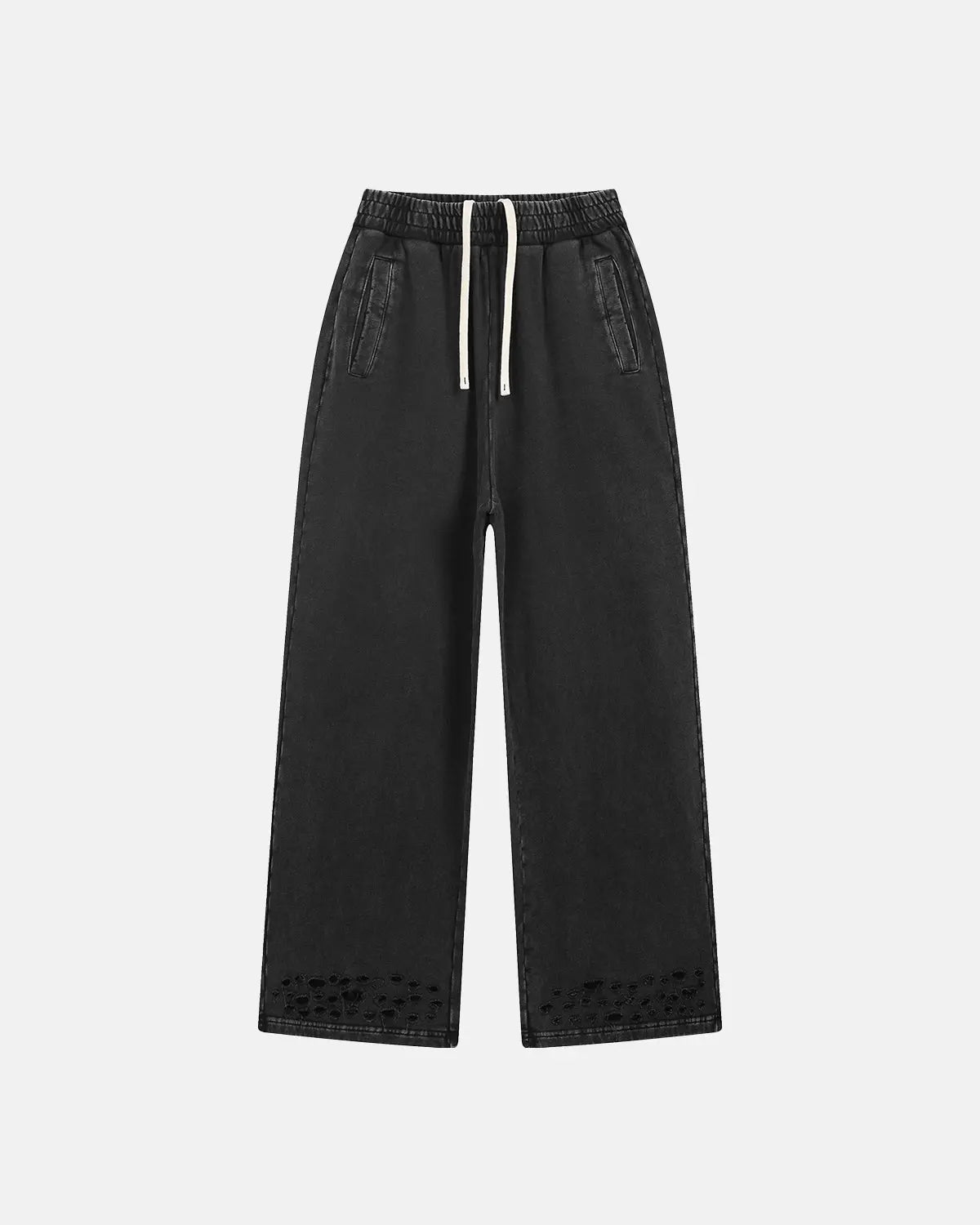 Flation ripped acid wash sweatpants with distressed details and relaxed fit, made from soft, casual streetwear fabric.