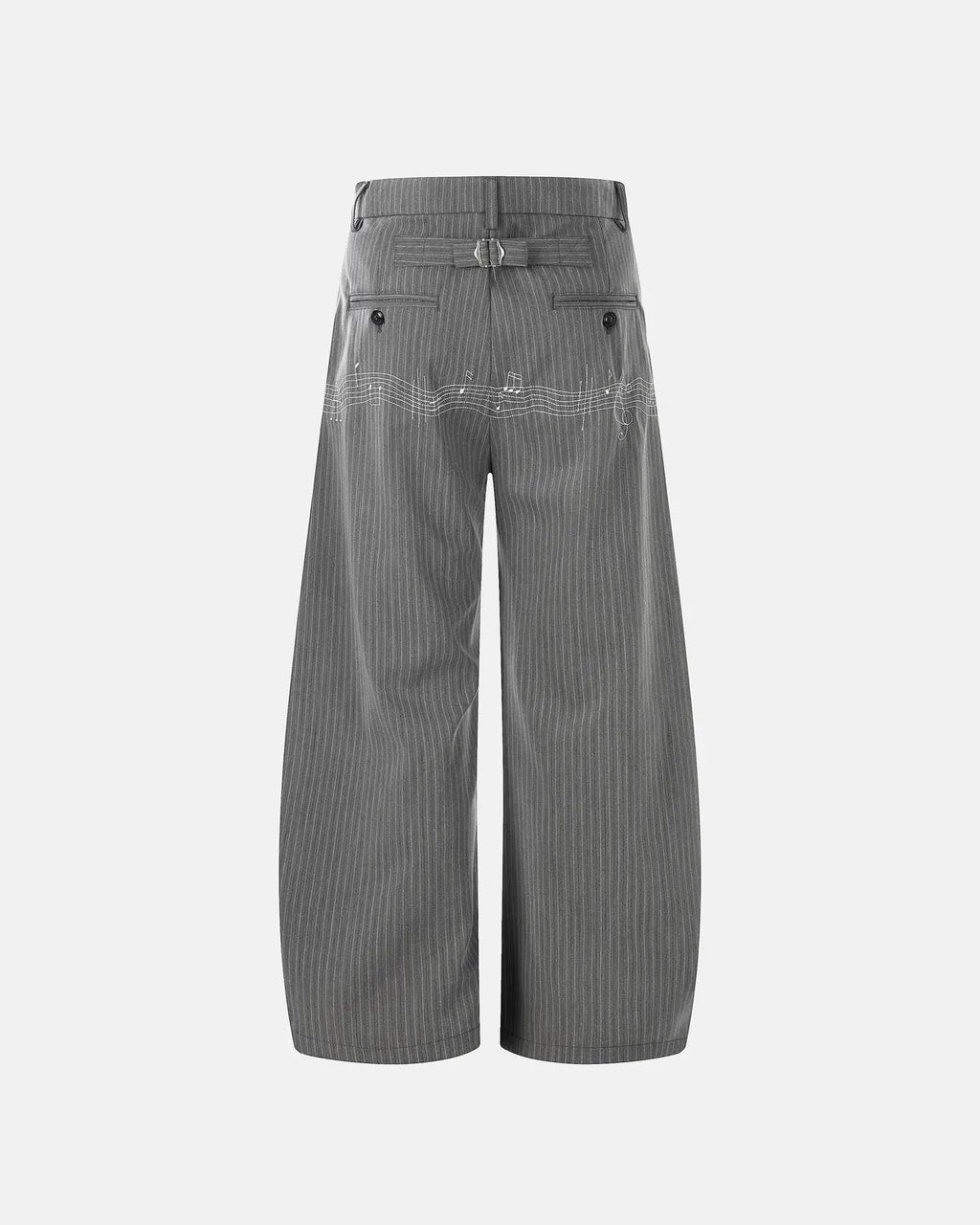 Flation pinstripe cinch back tailored pants with high waist and tapered fit, featuring a sleek pinstripe pattern and belt detail.