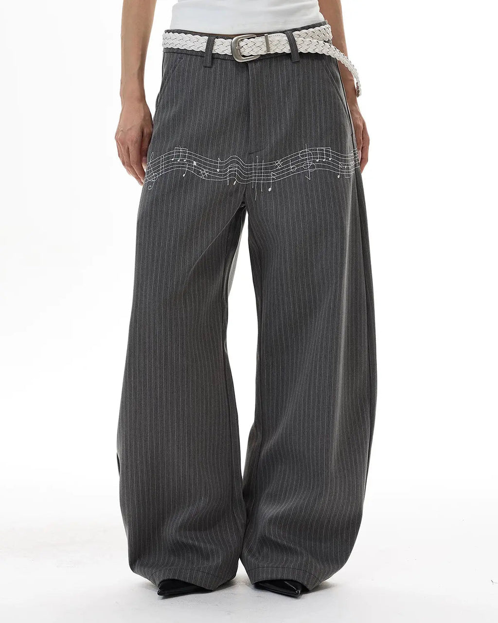 Flation pinstripe cinch back tailored pants with high waist and slim fit, featuring a classic pinstripe pattern and tailored design.