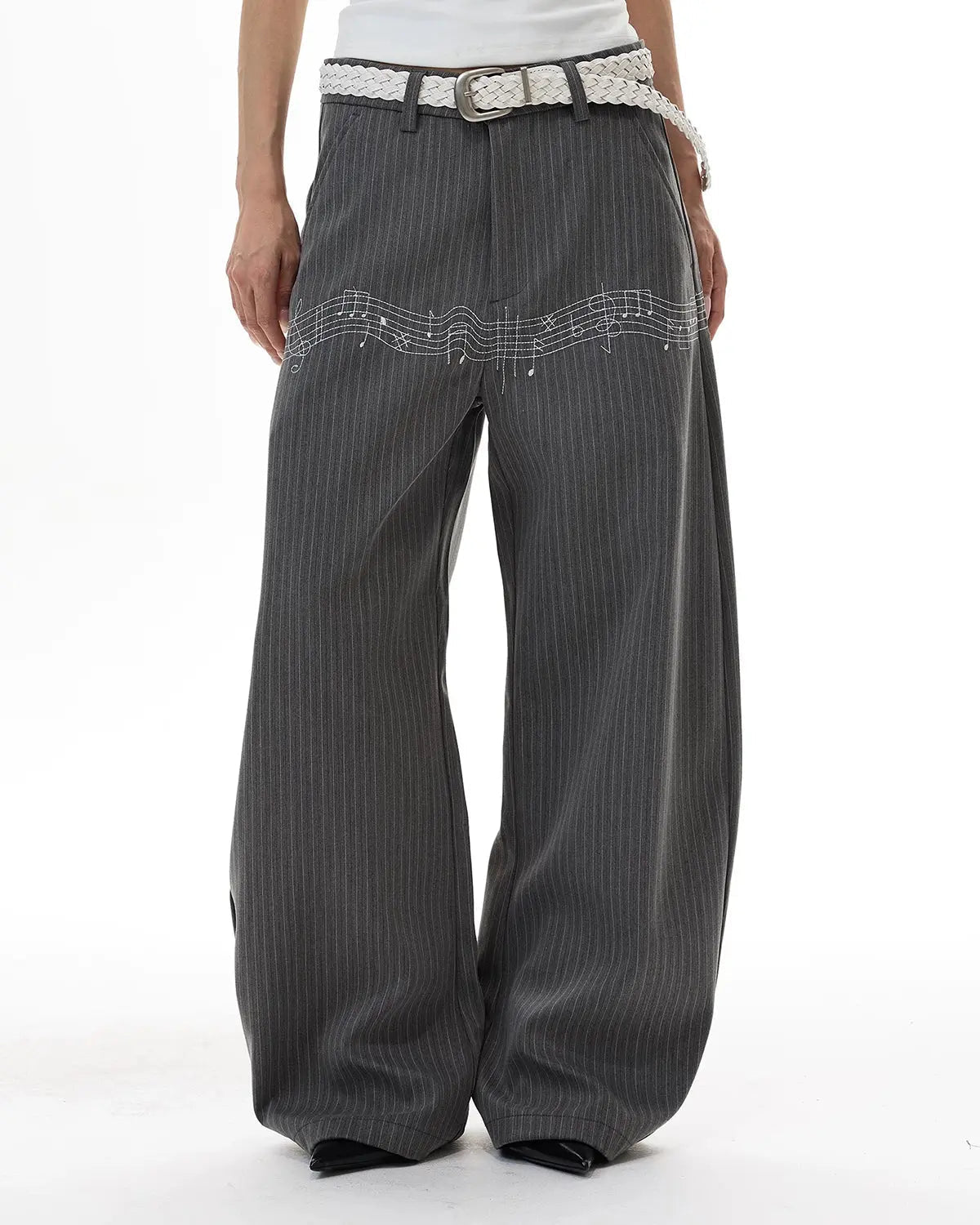 Flation pinstripe cinch back tailored pants with high waist and slim fit, featuring a classic pinstripe pattern and tailored design.