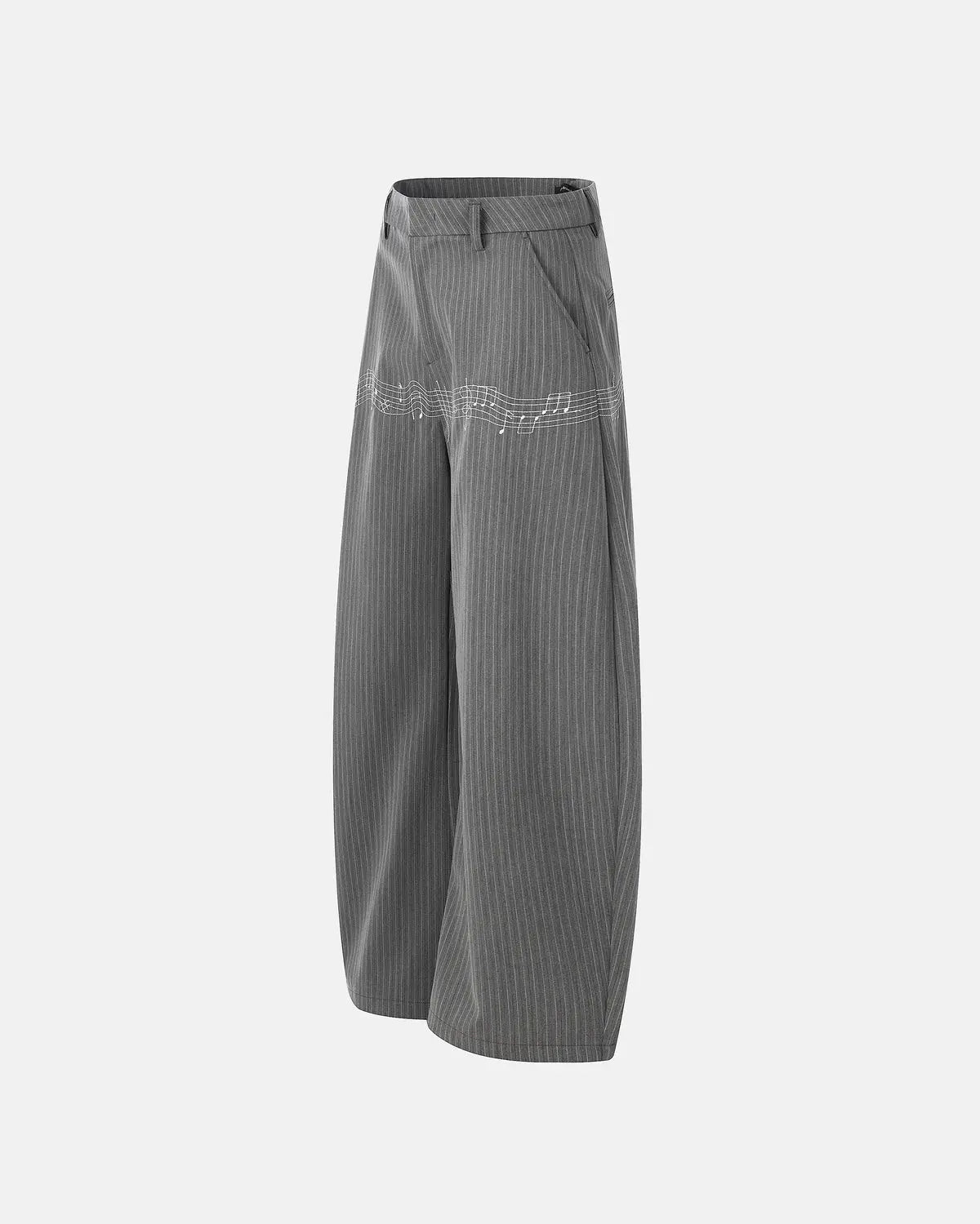 Pinstripe Flation Streetwear tailored pants with a cinch back, featuring a slim fit and classic pinstripe pattern.