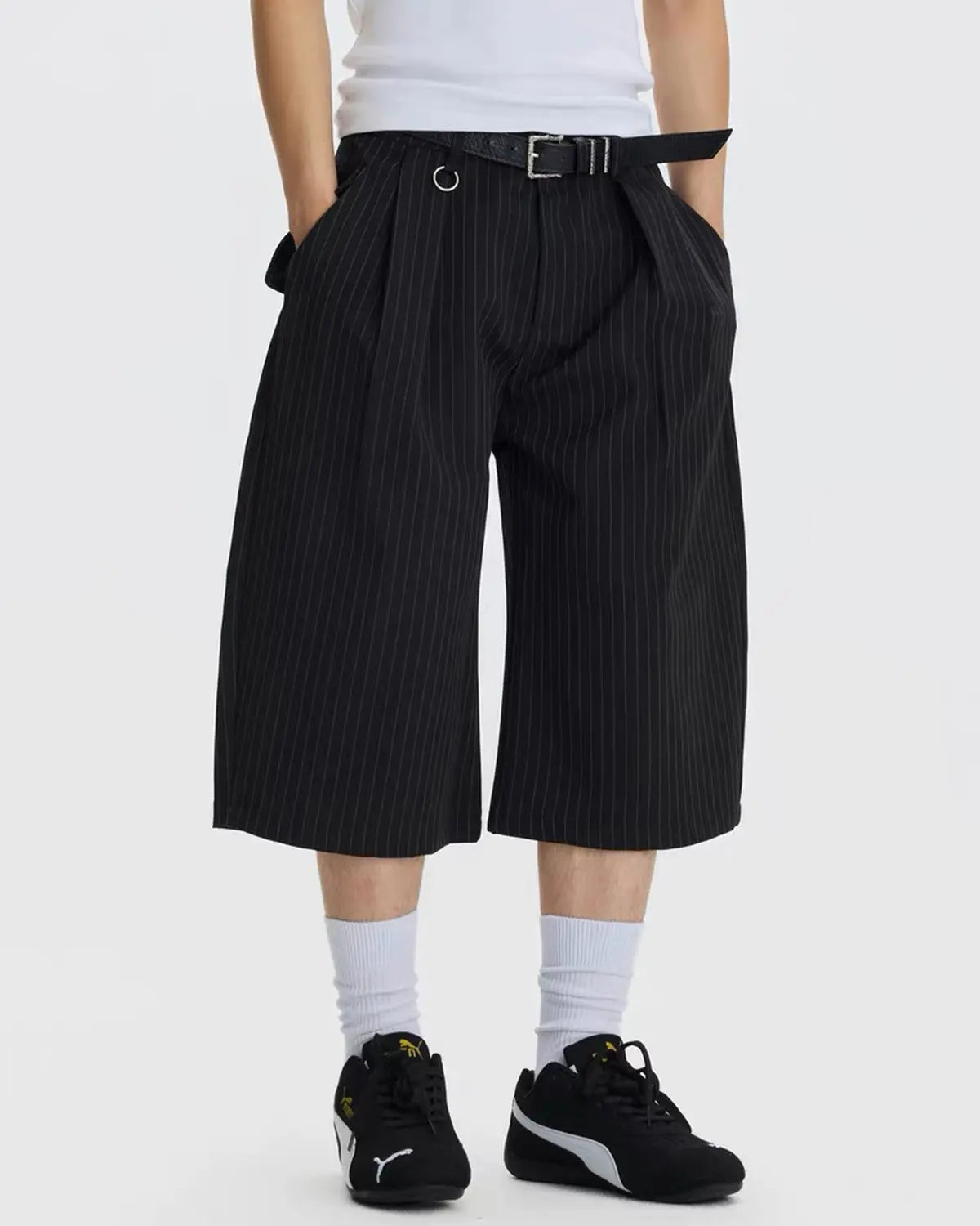 Flation pinstripe pleated ring detail tailored shorts, stylish streetwear pants with ring accents and a tailored fit.