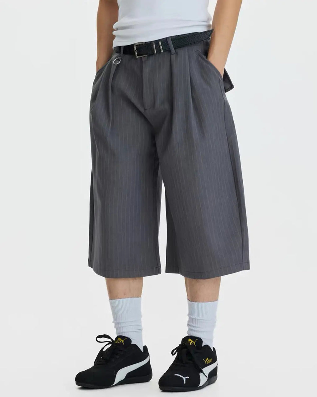 Flation Pinstripe Pleated Ring Detail Tailored Shorts, stylish pants with ring accents and a pleated design on a neutral background.