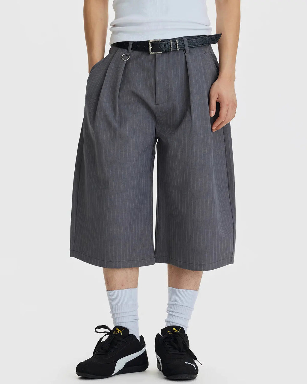 Flation pinstripe pleated ring detail tailored shorts, stylish pants with a high waist and ring accents, perfect for streetwear fashion.