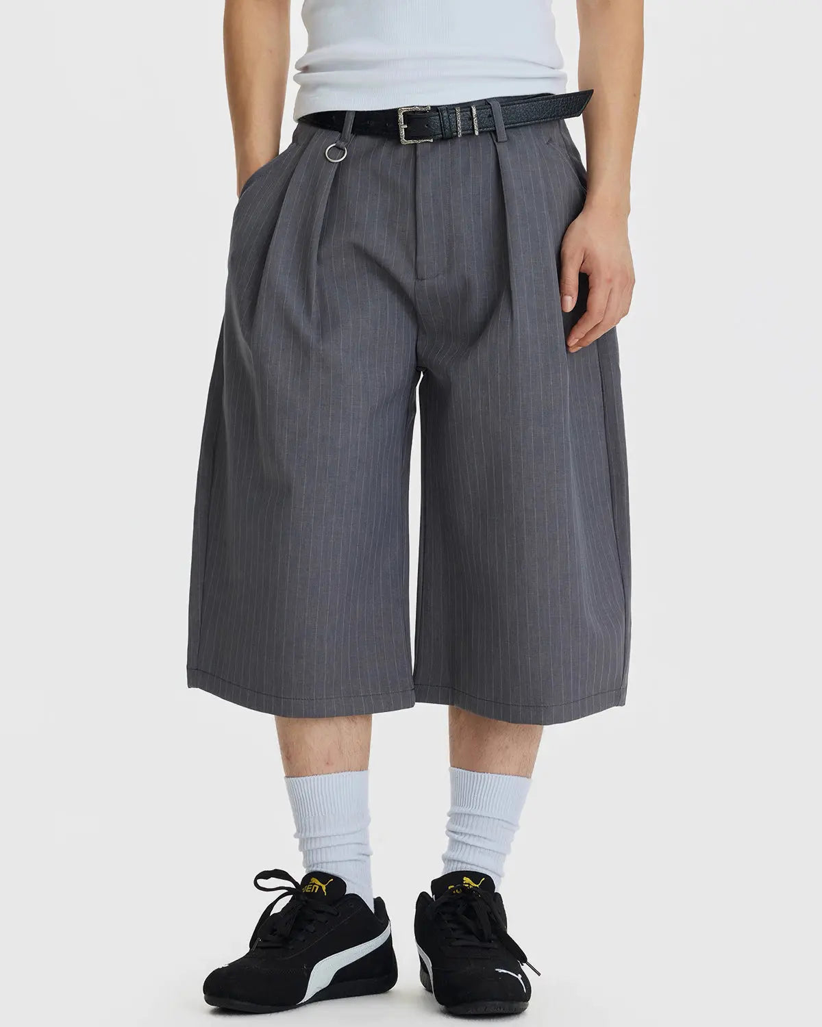 Flation pinstripe pleated ring detail tailored shorts, stylish pants with a high waist and ring accents, perfect for streetwear fashion.