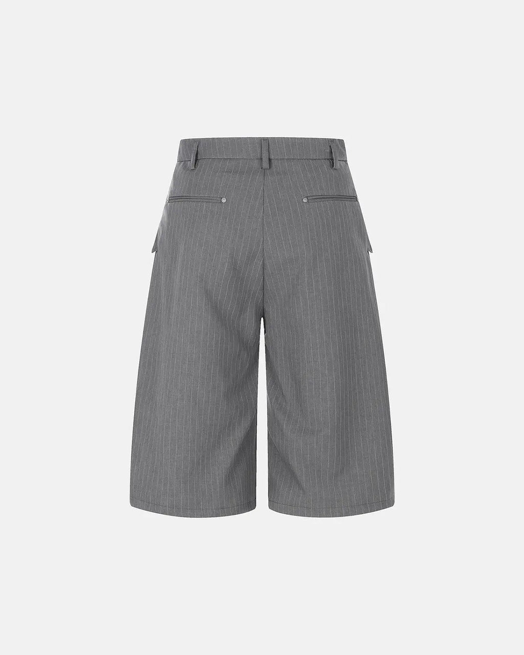 Flation pinstripe pleated ring detail tailored shorts shown from the front, featuring high waist, ring accents, and pleated design.