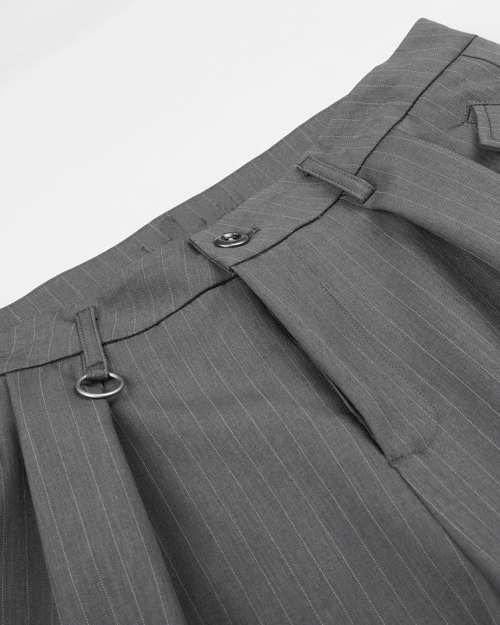 Flation Pinstripe Pleated Ring Detail Tailored Shorts, stylish tailored pants with pleats and ring accents in a pinstripe pattern.